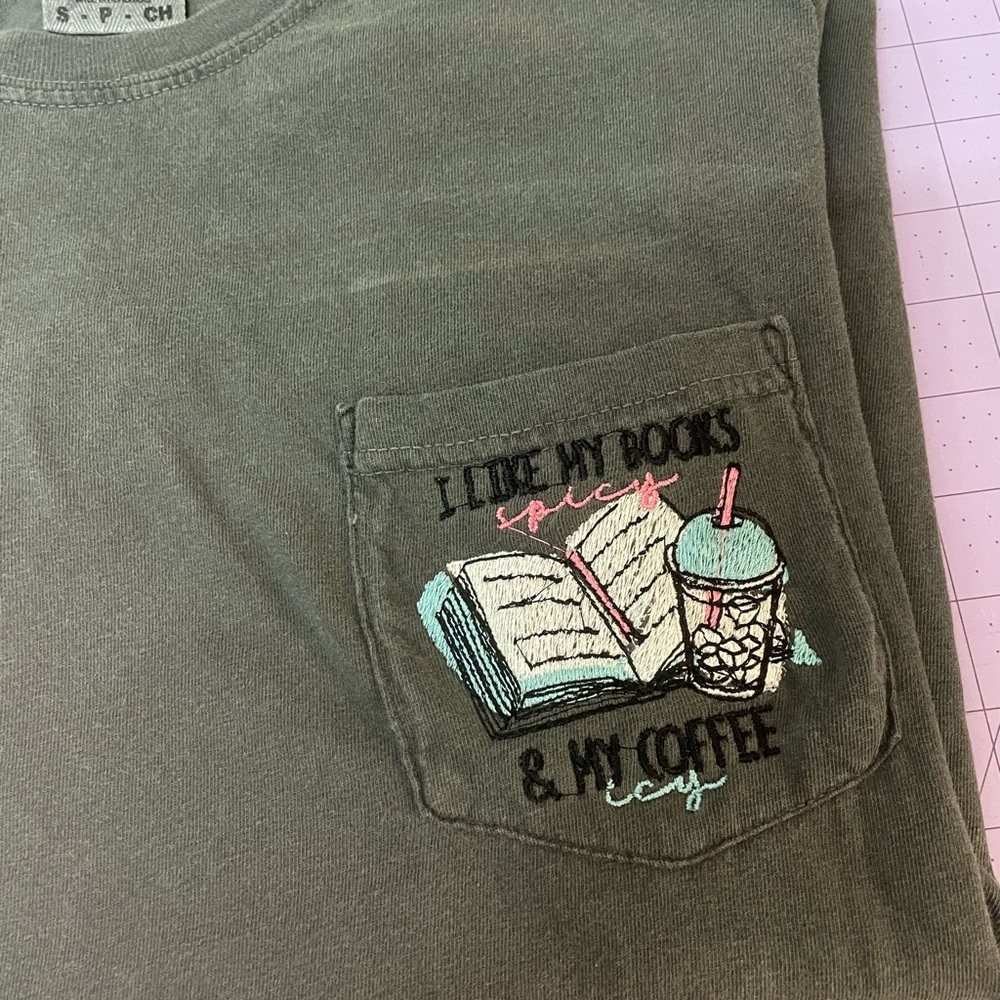 Spicy Books & Iced Coffee- Small Comfort Colors Pocket T-Shirt